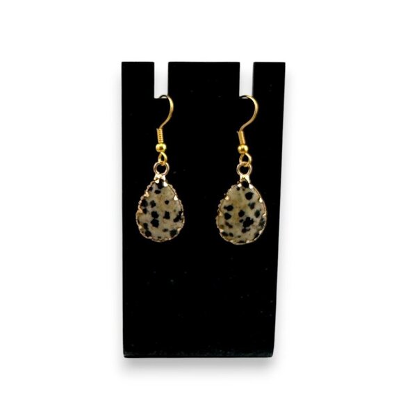 Dalmatian Jasper Teardrop Earrings Faceted Gemstone Gold Plated Ear Wires - Picture 6 of 9